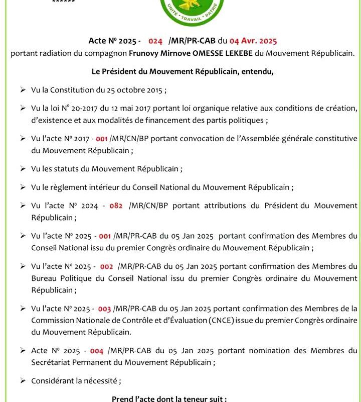 CONGO/POLITIQUE: FRUNOVY OMESSE LEKEBE RADIÉ DU MOUVEMENT RÉPUBLICAIN APRÈS SA SORTIE MÉDIATIQUE VIRULENTE
